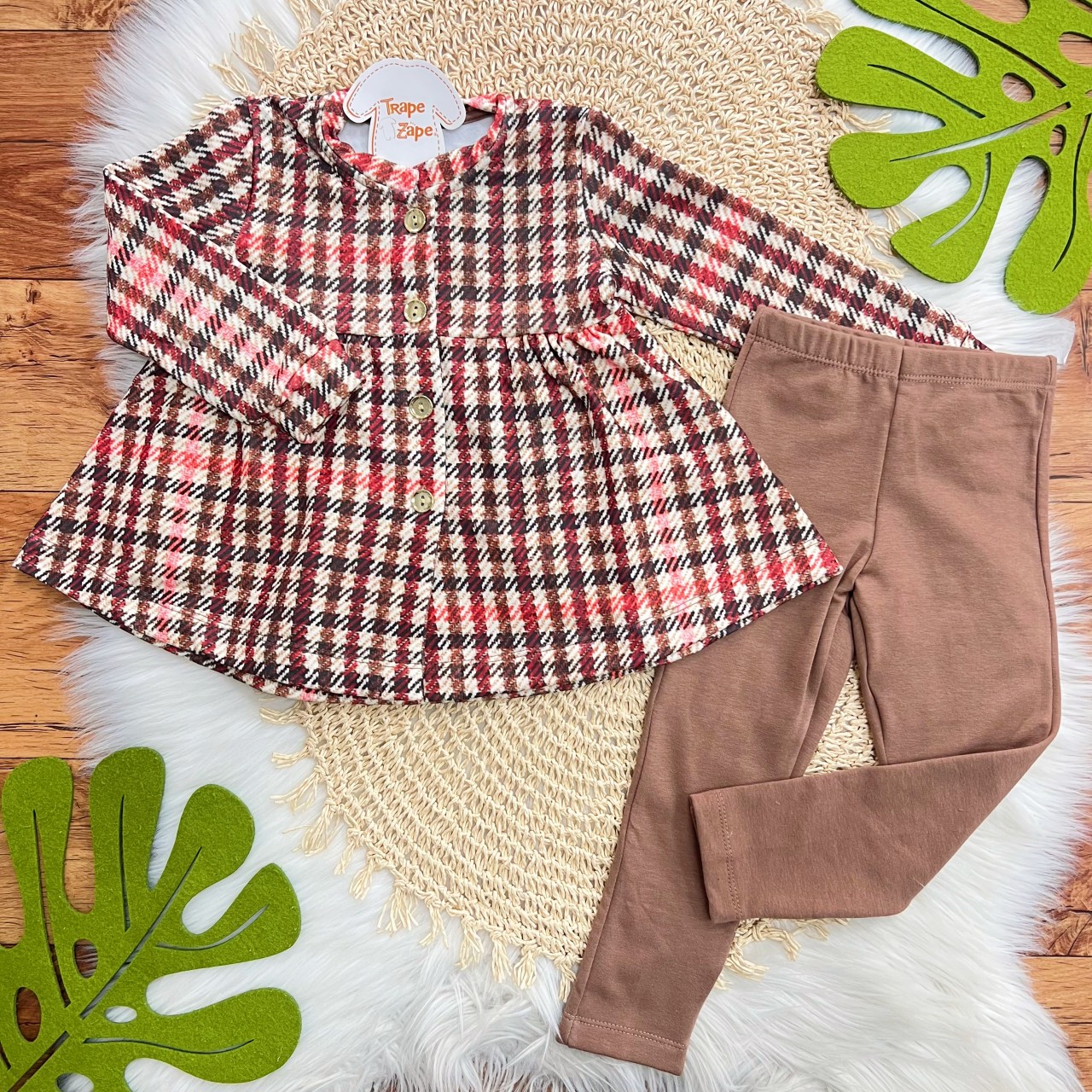 Conj. Batinha Manga Longa Xadrez e Calça Legging - Areia e Marrom